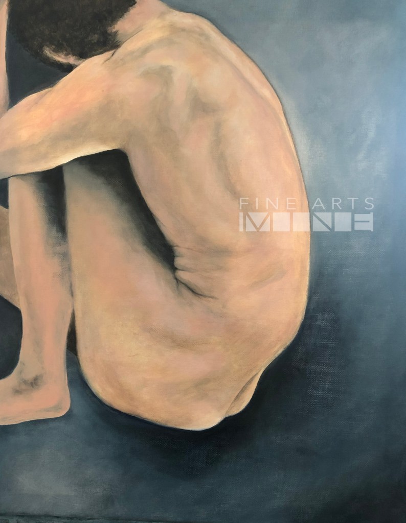 Painting of a nude man in a fetal position.