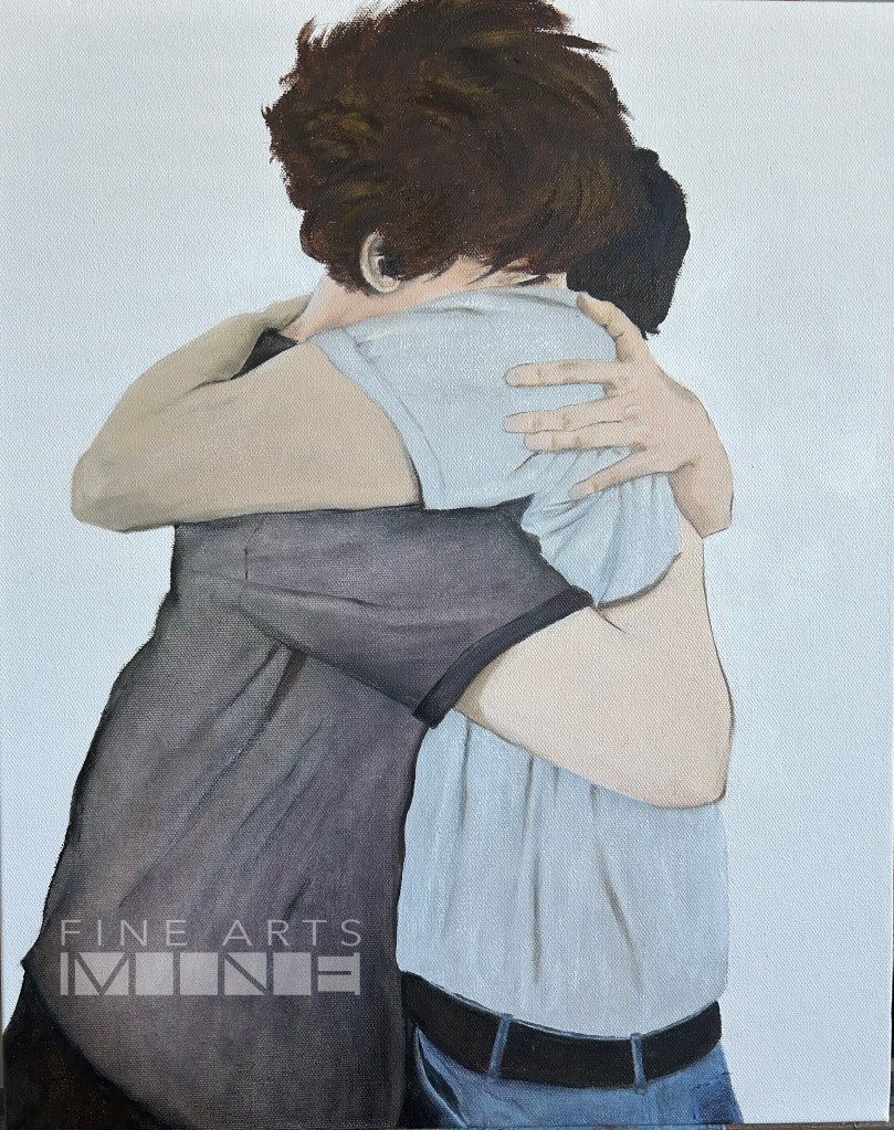 Painting of two young people embracing.