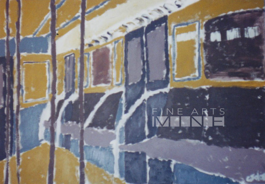 Painting of the interior view of a New York City Subway in an abstracted style.